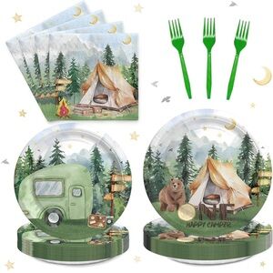Camping Theme Party Supplies Set with Plates and Napkins